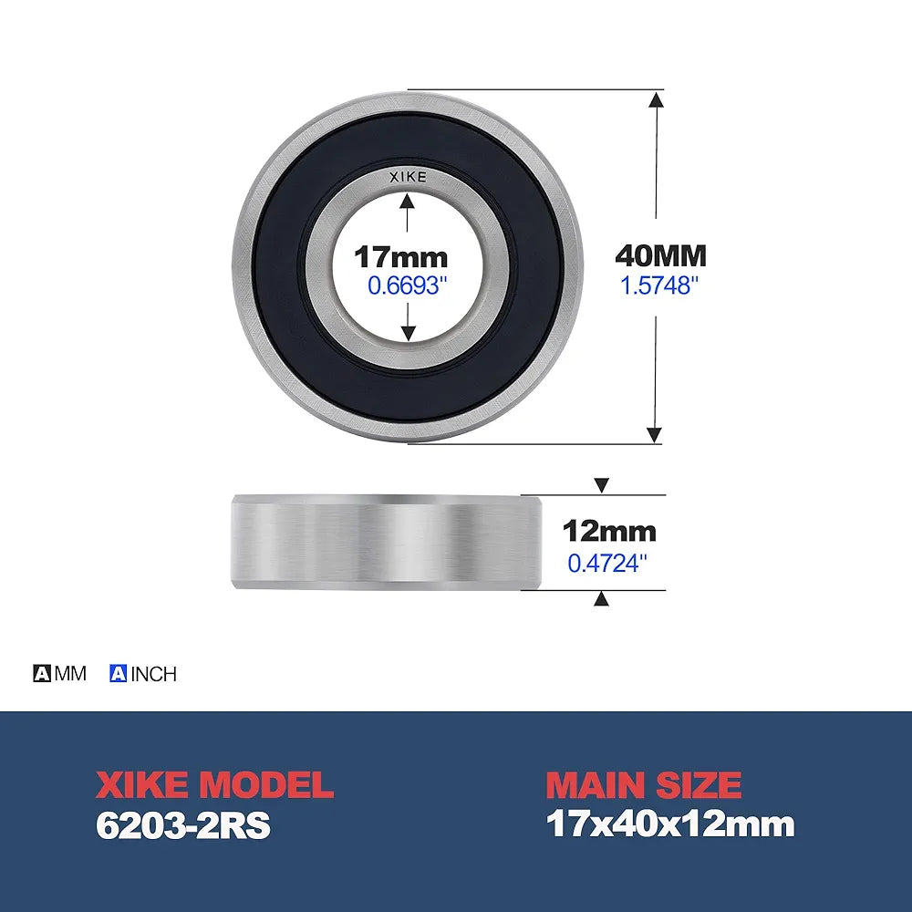 XiKe  6203-2RS Double Sealed Deep Groove Ball Bearings, 17x40x12mm, Pre-Lubricated for High RPM, Chrome Steel P6, ABEC 3
